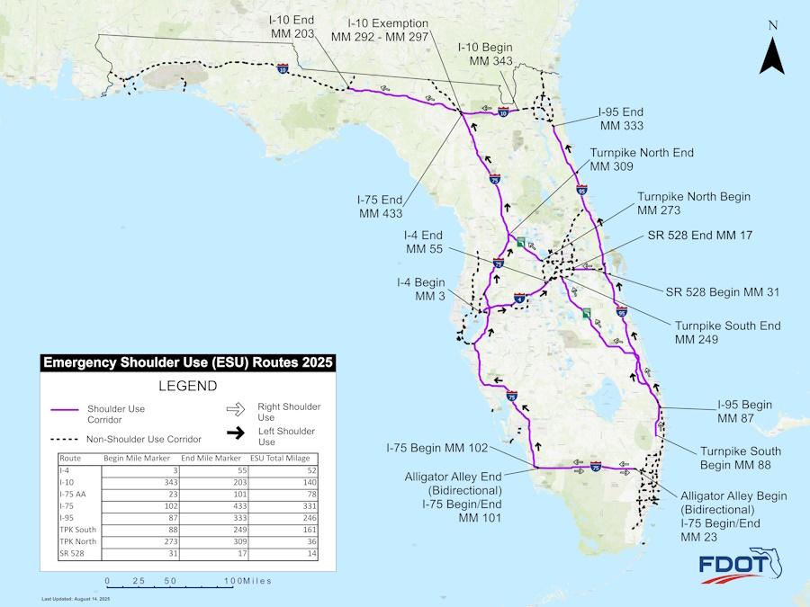 Map of Emergency Shoulder Use corridors