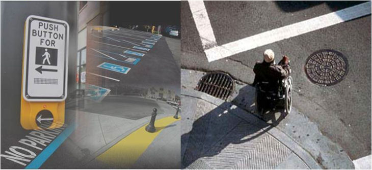 Picture of a Person using a wheel chair and other accessible items on a sidewalk Picture of a person using a wheel chair to cross the road